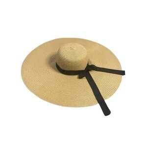 Large Brim Sun Hat Natural Brown with Black Bow, 7 inch Brim One Size 100% Paper